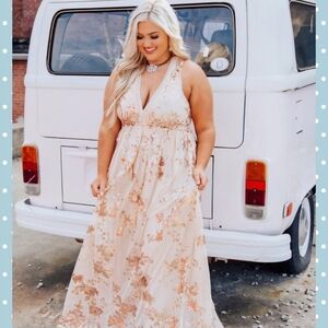 Southern Fried Chicks Floral Sequin Golden Goddess Dress Gown